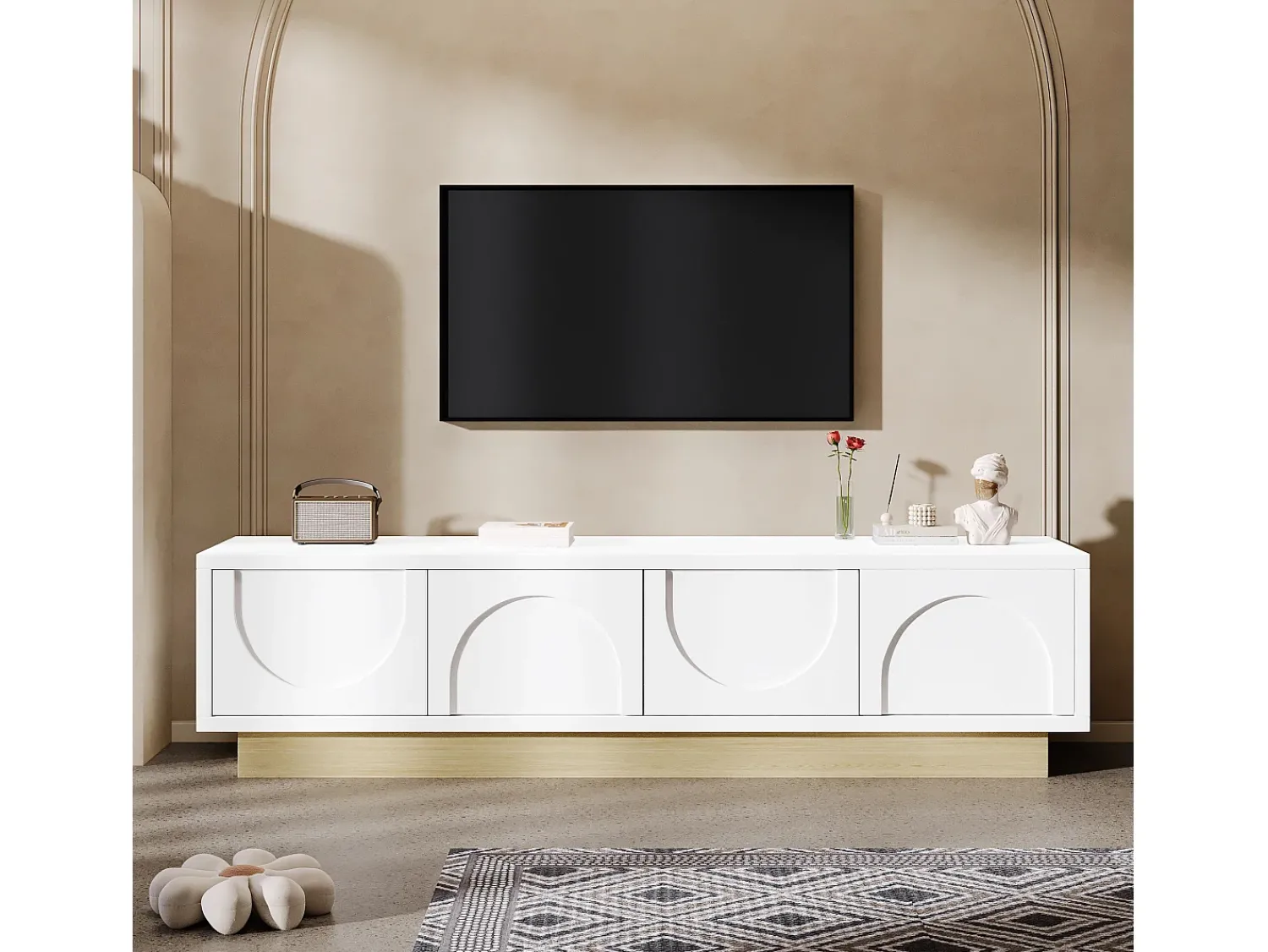 ModernLuxe Móvel de TV moderno 175x40x42cm - design curvado - 4 portas - base com aparência de madeira -^ Móvel De Tv