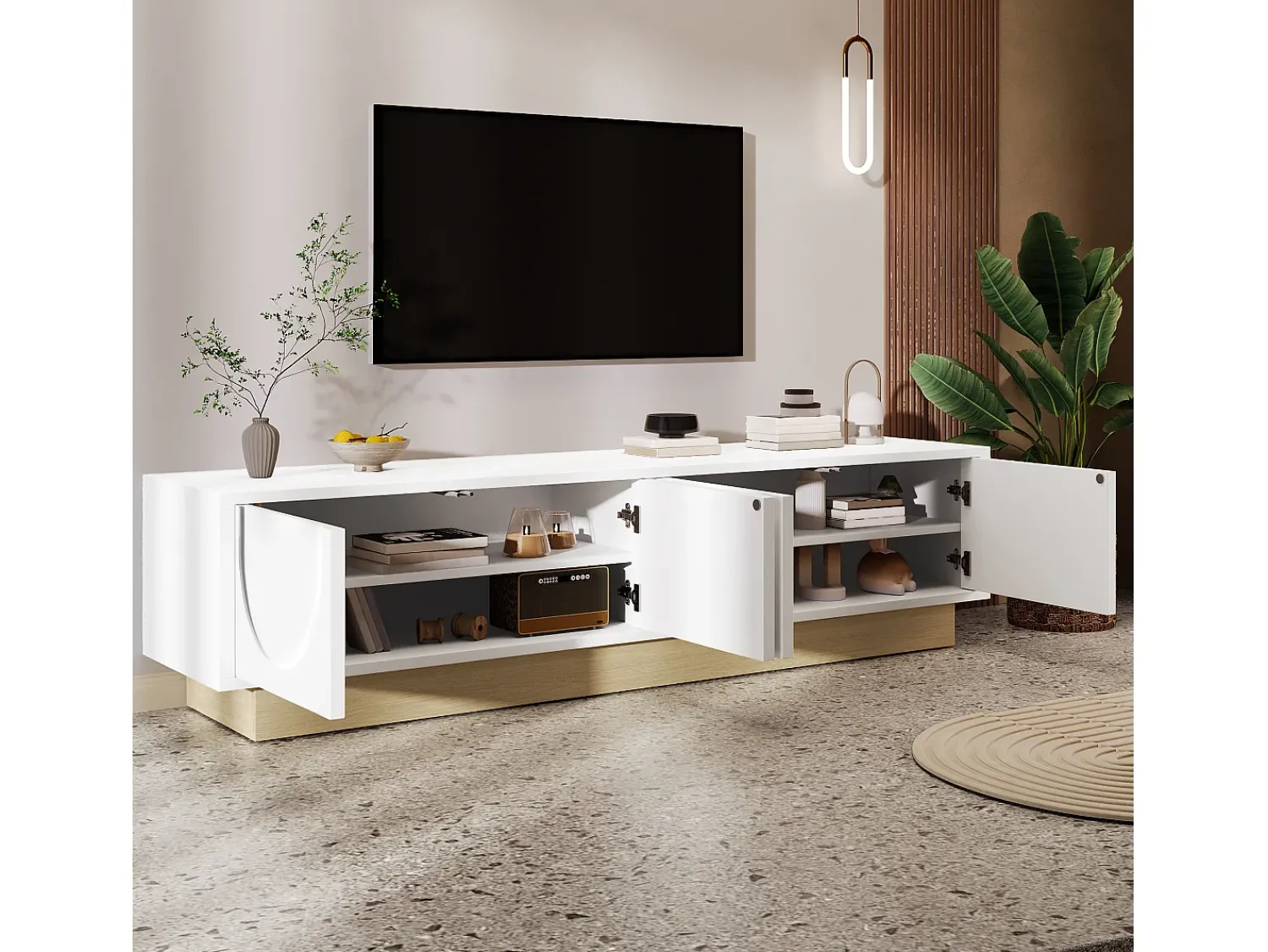 ModernLuxe Móvel de TV moderno 175x40x42cm - design curvado - 4 portas - base com aparência de madeira -^ Móvel De Tv