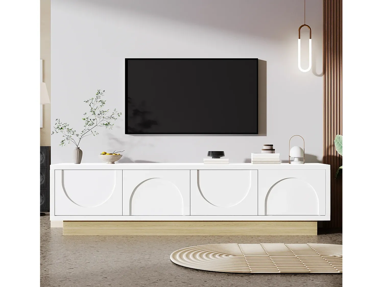 ModernLuxe Móvel de TV moderno 175x40x42cm - design curvado - 4 portas - base com aparência de madeira -^ Móvel De Tv