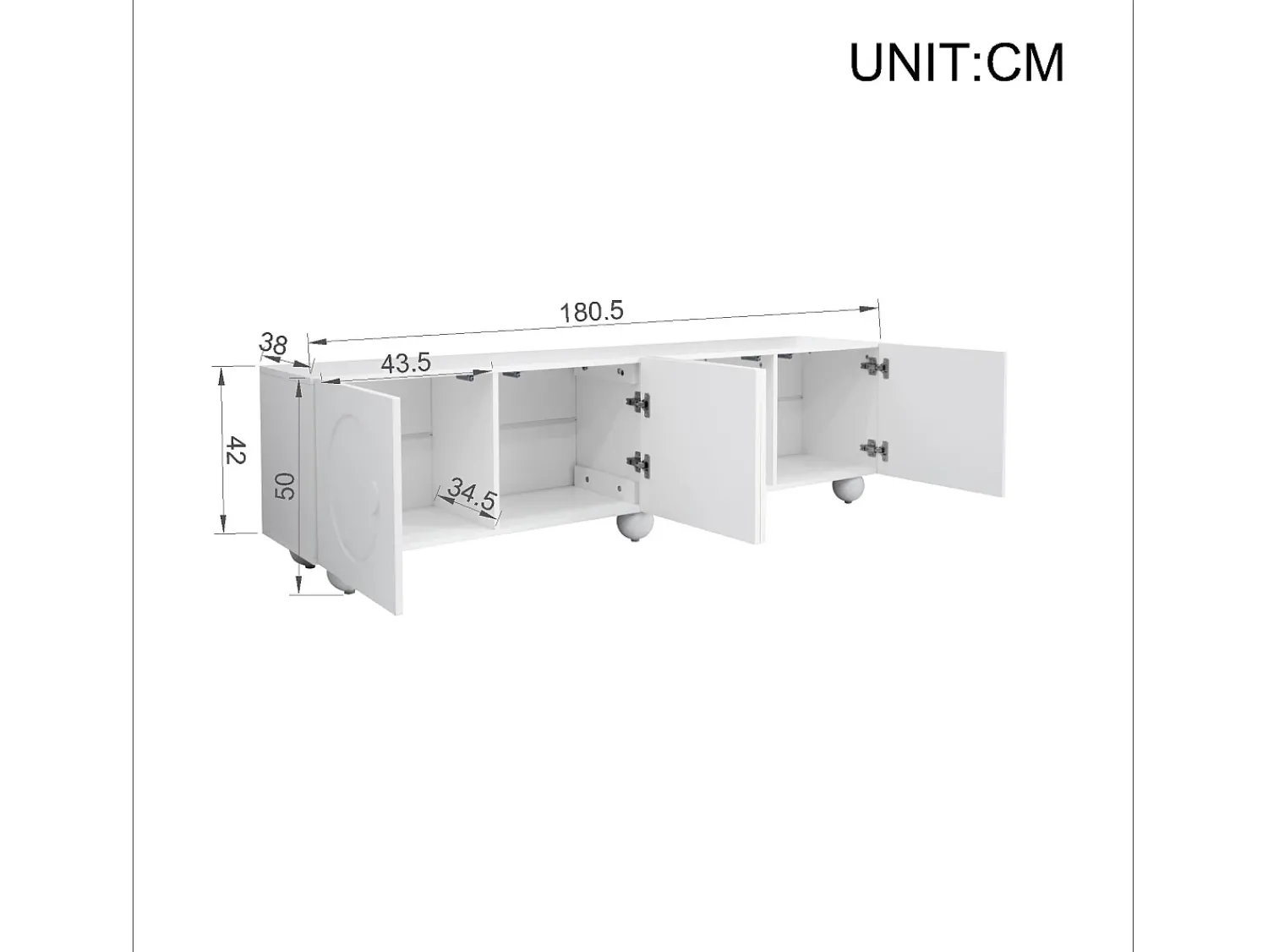 Móvel De Tv*ModernLuxe Móvel de TV moderno 180,5x38x50cm - 4 portas - Pés esféricos - MDF + painéis de partículas - Branco