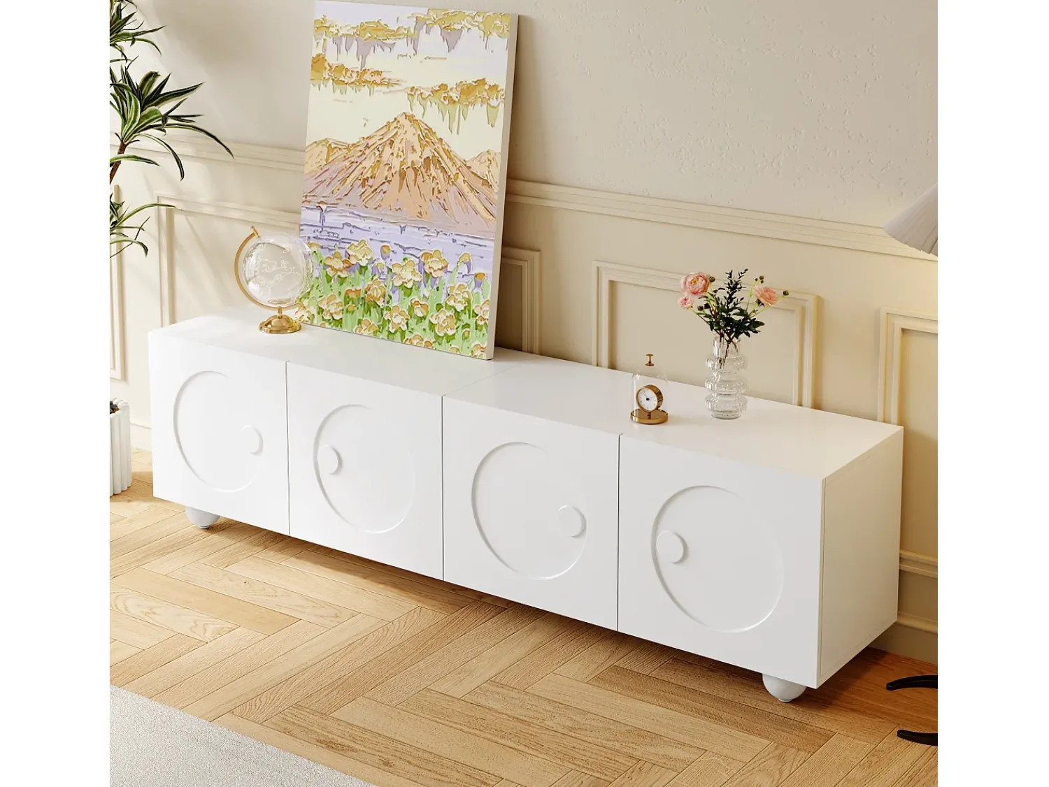 Móvel De Tv*ModernLuxe Móvel de TV moderno 180,5x38x50cm - 4 portas - Pés esféricos - MDF + painéis de partículas - Branco