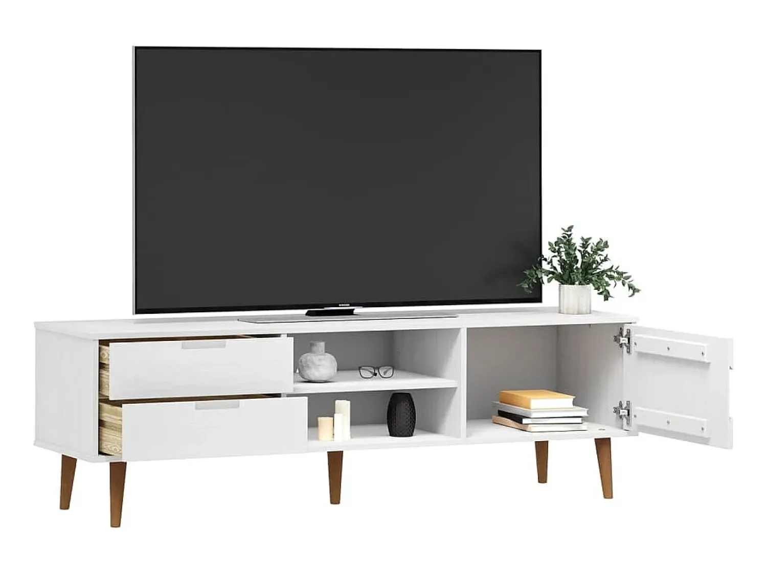 Móvel De Tv| Móvel de TV MOLDE 158x40x49 cm pinho maciço PT435718 Branco