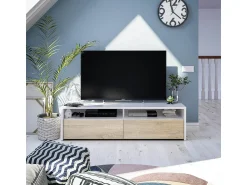 Móvel De Tv|Loungitude Móvel de TV multimídia com 2 portas sanfonadas, artik e carvalho canadense, 130 cm Branco