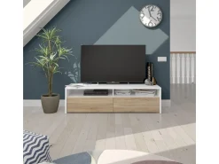 Móvel De Tv|Loungitude Móvel de TV multimídia com 2 portas sanfonadas, artik e carvalho canadense, 130 cm Branco