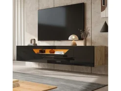 Móvel De Tv|ModernLuxe Móvel de TV mural 180x37x36cm - com 2 portas - com iluminação LED - para televisor de 75" - e natural Preto