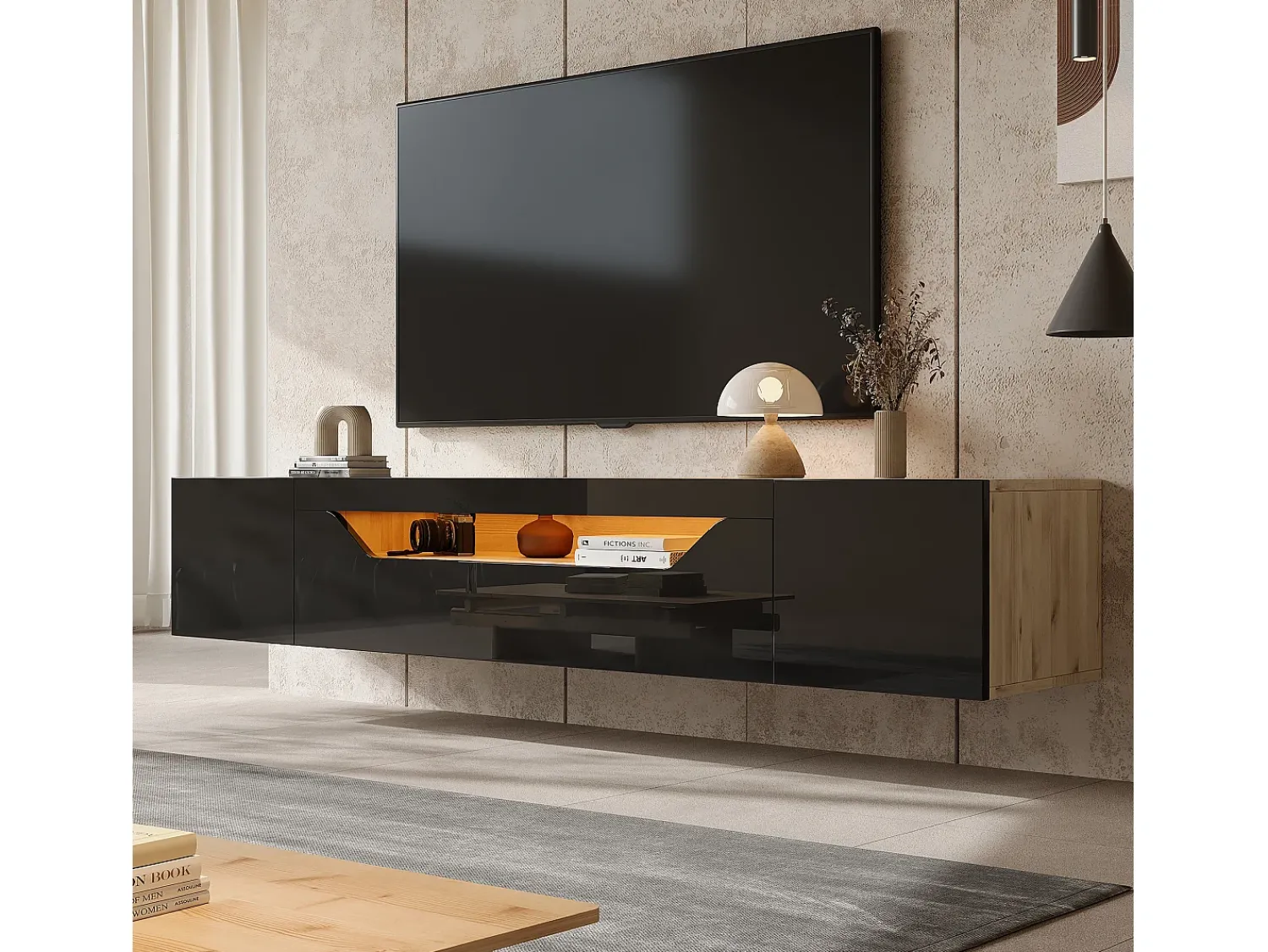 Móvel De Tv|ModernLuxe Móvel de TV mural 180x37x36cm - com 2 portas - com iluminação LED - para televisor de 75" - e natural Preto