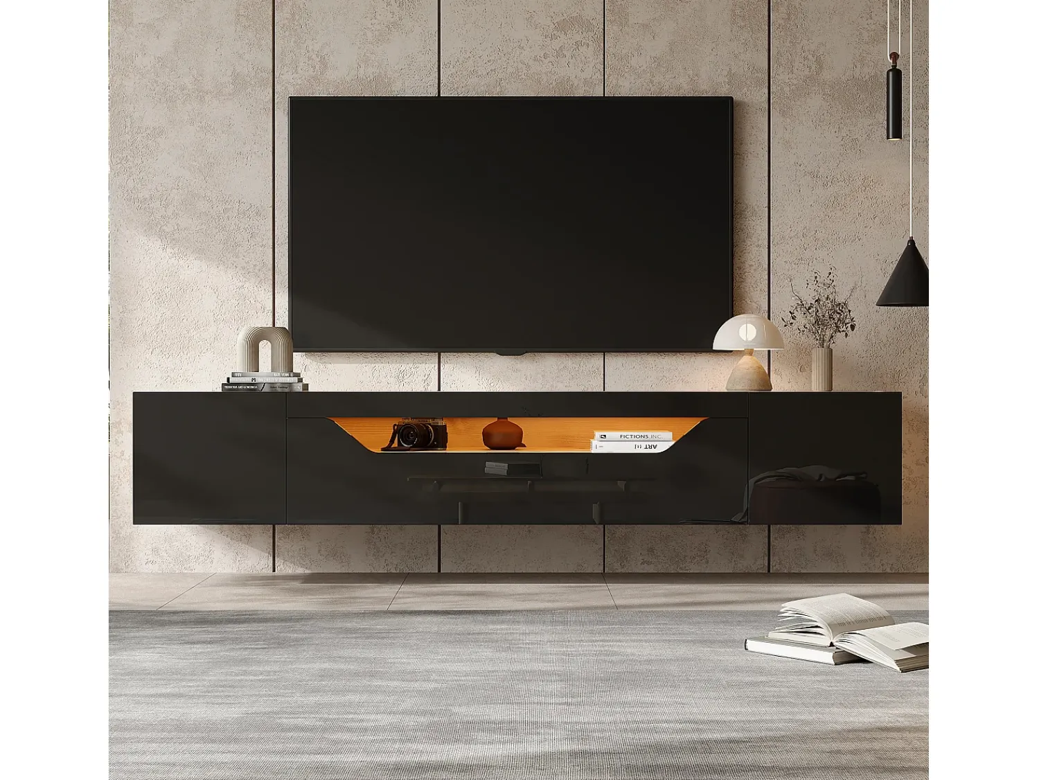 Móvel De Tv|ModernLuxe Móvel de TV mural 180x37x36cm - com 2 portas - com iluminação LED - para televisor de 75" - e natural Preto