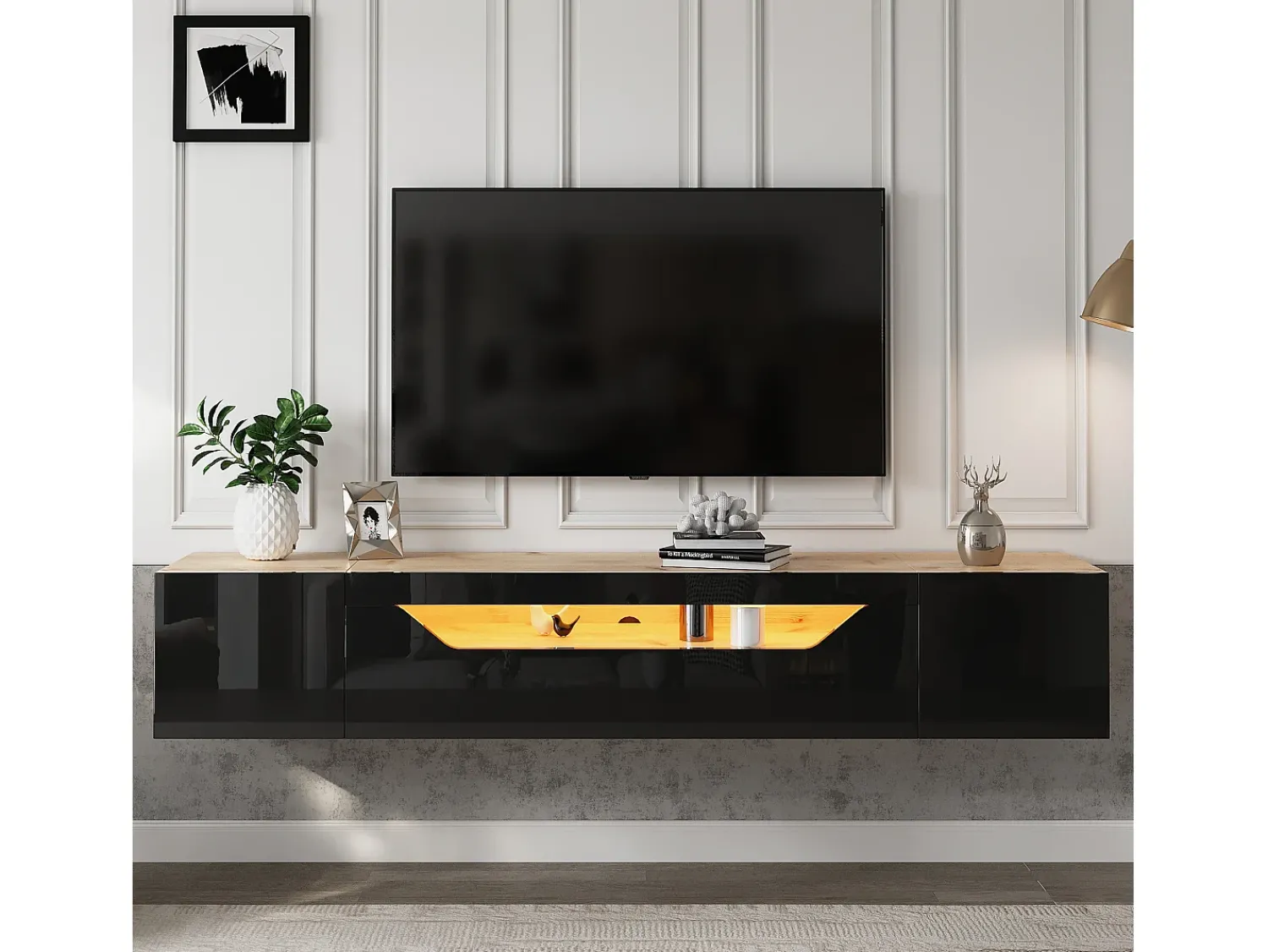 Móvel De Tv|ModernLuxe Móvel de TV mural 180x37x36cm - com 2 portas - com iluminação LED - para televisor de 75" - e natural Preto