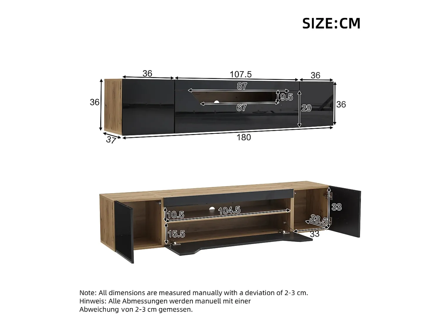 Móvel De Tv|ModernLuxe Móvel de TV mural 180x37x36cm - com 2 portas - com iluminação LED - para televisor de 75" - e natural Preto
