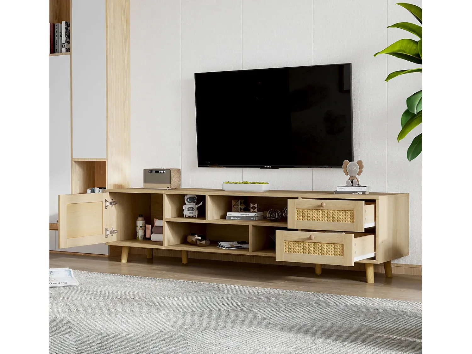 Móvel De Tv|Merax Móvel de TV, Móvel de TV de 160 cm com 2 gavetas, 1 porta e 4 compartimentos, Para TVs até 70", Carvalho Natural claro