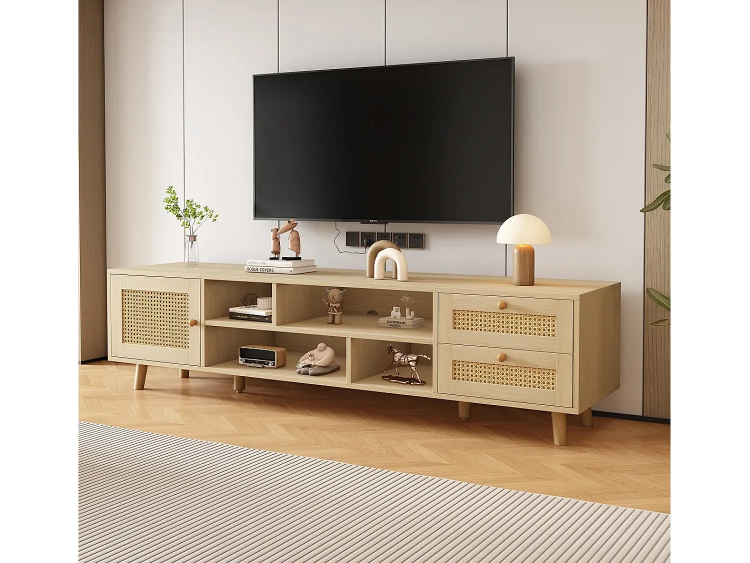 Móvel De Tv|Merax Móvel de TV, Móvel de TV de 160 cm com 2 gavetas, 1 porta e 4 compartimentos, Para TVs até 70", Carvalho Natural claro