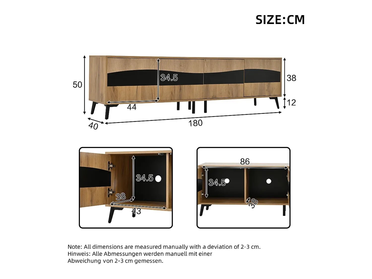 Hauss Spole Móvel de TV natural e preto com 4 portas, tampo em madeira 180x40x50cm^ Móvel De Tv