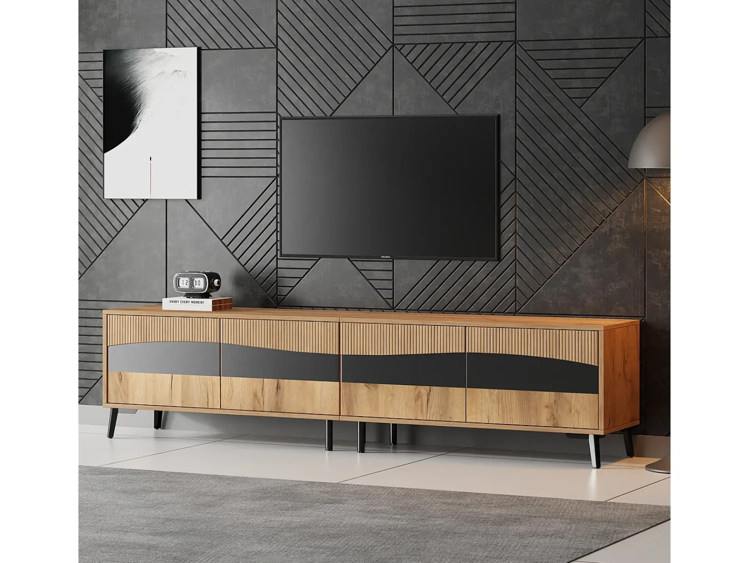 Hauss Spole Móvel de TV natural e preto com 4 portas, tampo em madeira 180x40x50cm^ Móvel De Tv