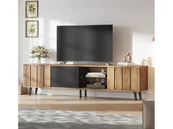 Hauss Spole Móvel de TV natural e preto com 3 portas e 1 divisória em vidro, design com textura de madeira 175x31,5x45cm^ Móvel De Tv