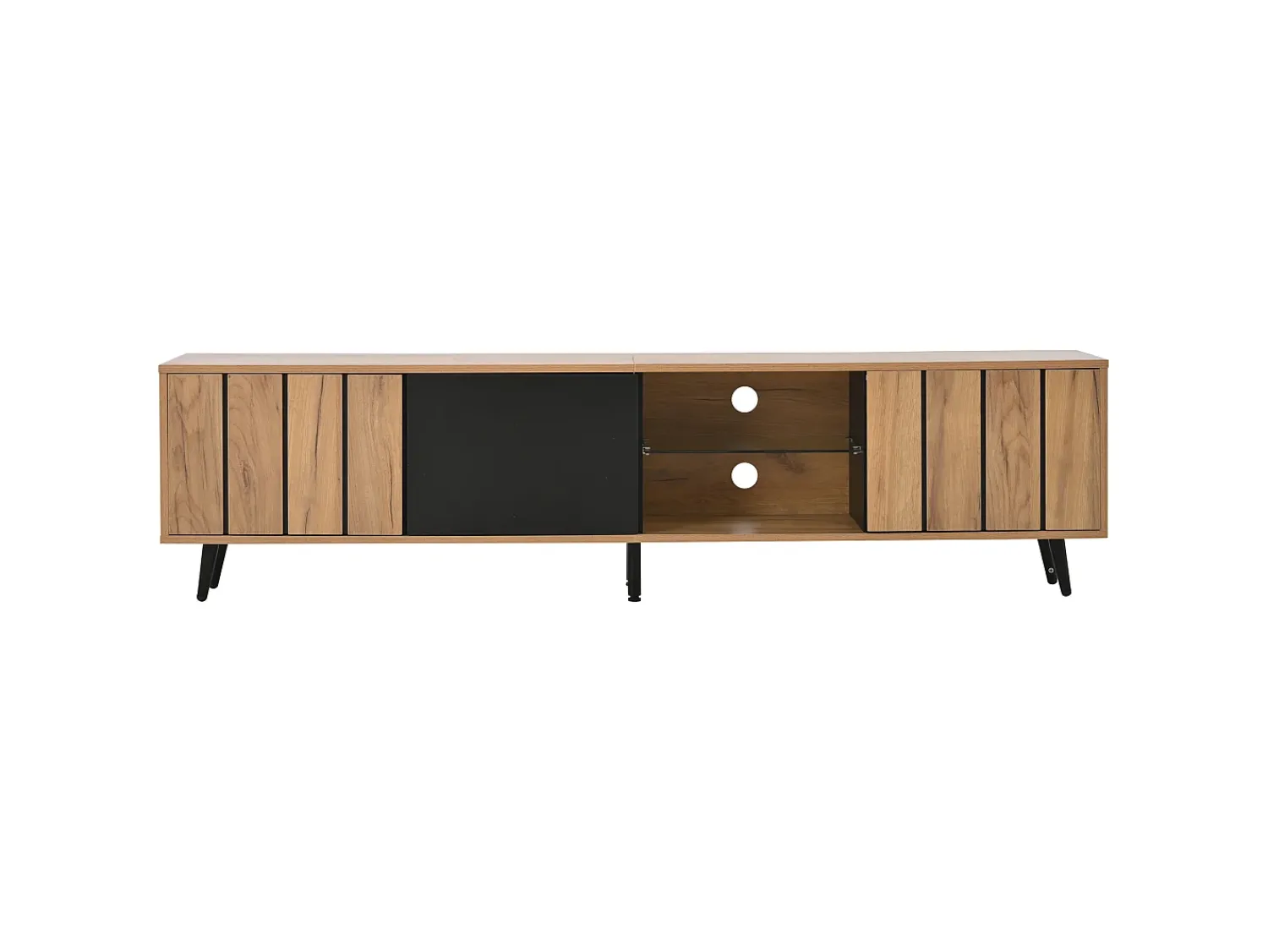 Hauss Spole Móvel de TV natural e preto com 3 portas e 1 divisória em vidro, design com textura de madeira 175x31,5x45cm^ Móvel De Tv