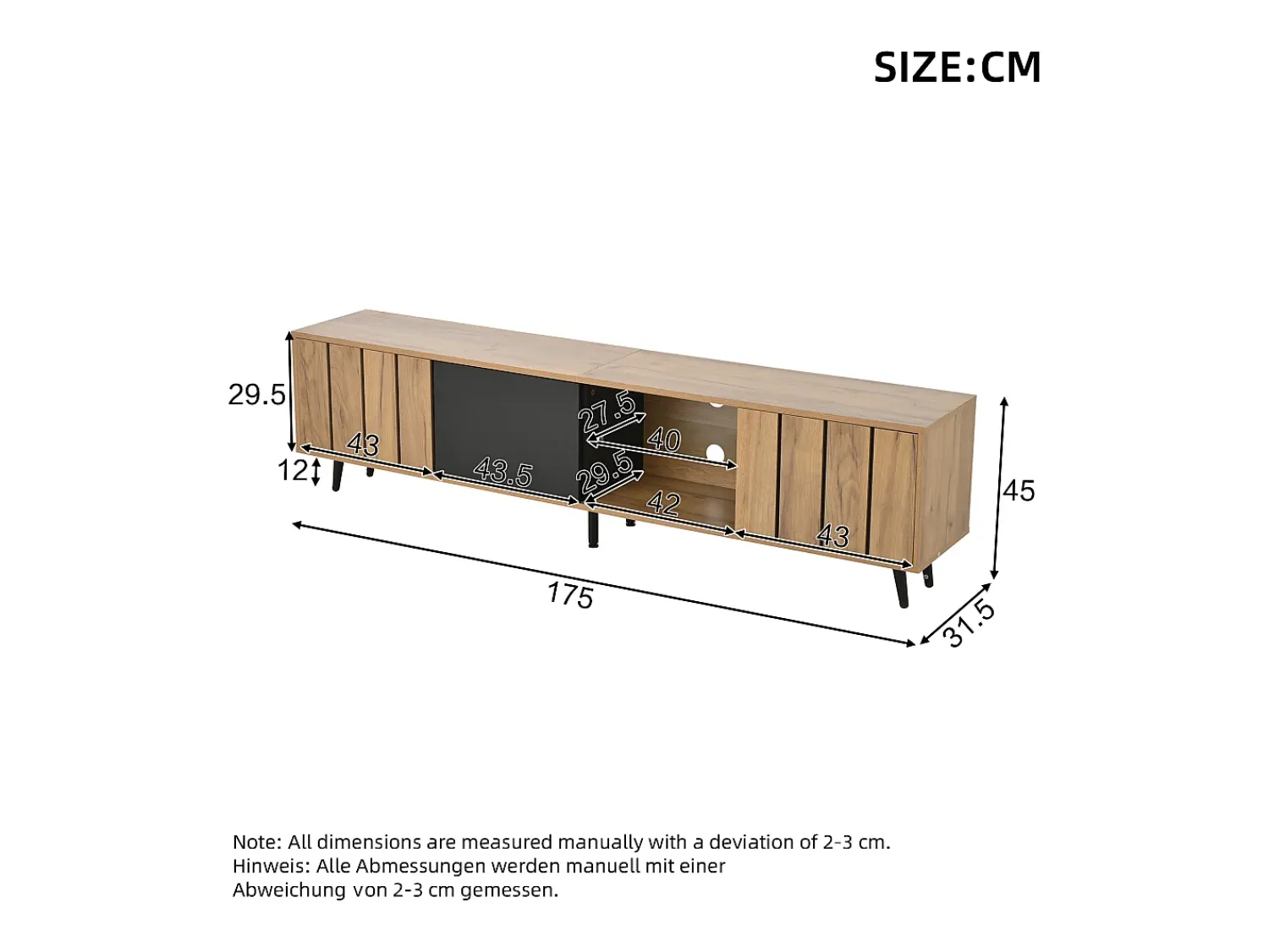 Hauss Spole Móvel de TV natural e preto com 3 portas e 1 divisória em vidro, design com textura de madeira 175x31,5x45cm^ Móvel De Tv