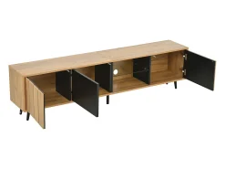 Hauss Spole Móvel de TV natural e preto com 3 portas e 1 divisória em vidro, design com textura de madeira 175x31,5x45cm^ Móvel De Tv
