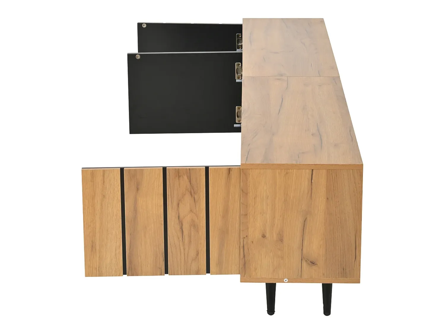 Hauss Spole Móvel de TV natural e preto com 3 portas e 1 divisória em vidro, design com textura de madeira 175x31,5x45cm^ Móvel De Tv