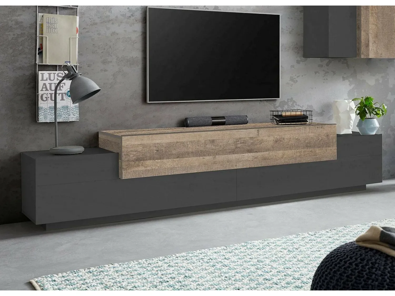 Dmora Móvel de TV Nico, aparador baixo da sala, base de móvel de TV, 100% Fabricado na Itália, 240x45h52 cm, Antracite e Bordo^ Móvel De Tv