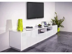 Móvel De Tv*Dmora Móvel de TV Orazio, aparador baixo da sala, base de móvel de TV, 100% Fabricado na Itália, 260x41h46 cm, brilhante Branco