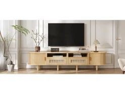 Móvel De Tv*Merax Móvel de TV oval com 2 gavetas de vime + 2 portas de correr - 170 x 40 x 40 cm - MDF + metal - natural Natural claro