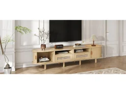 Móvel De Tv*Merax Móvel de TV oval com 2 gavetas de vime + 2 portas de correr - 170 x 40 x 40 cm - MDF + metal - natural Natural claro