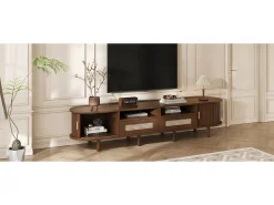 Móvel De Tv|Merax Móvel de TV oval com 2 gavetas de vime + 2 portas de correr - 170 x 40 x 40 cm - MDF + metal - Natural escuro
