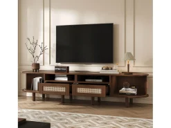 Móvel De Tv|Merax Móvel de TV oval com 2 gavetas de vime + 2 portas de correr - 170 x 40 x 40 cm - MDF + metal - Natural escuro