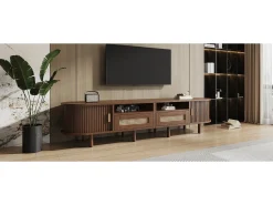 Móvel De Tv|Merax Móvel de TV oval com 2 gavetas de vime + 2 portas de correr - 170 x 40 x 40 cm - MDF + metal - Natural escuro