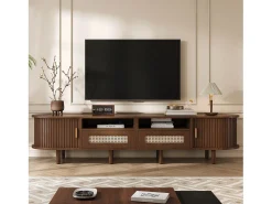 Móvel De Tv|Merax Móvel de TV oval com 2 gavetas de vime + 2 portas de correr - 170 x 40 x 40 cm - MDF + metal - Natural escuro