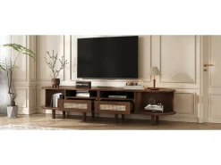 Móvel De Tv|Merax Móvel de TV oval com 2 gavetas de vime + 2 portas de correr - 170 x 40 x 40 cm - MDF + metal - Natural escuro