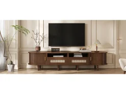 Móvel De Tv|Merax Móvel de TV oval com 2 gavetas de vime + 2 portas de correr - 170 x 40 x 40 cm - MDF + metal - Natural escuro