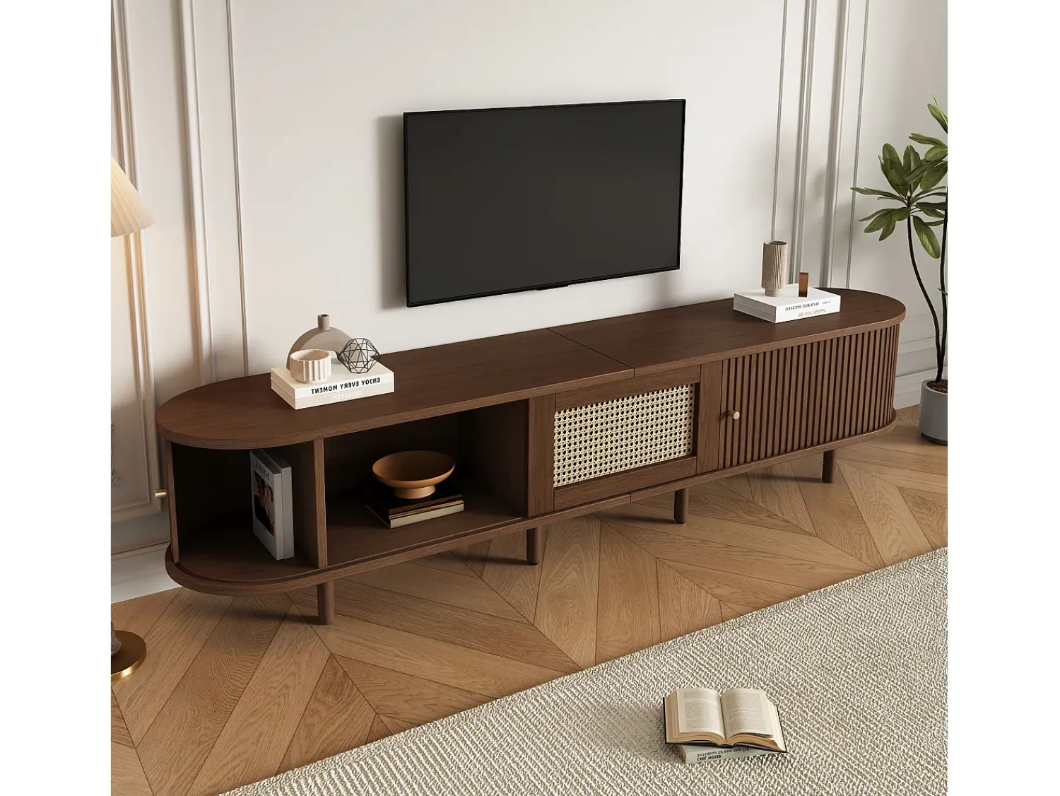 Móvel De Tv|Merax Móvel de TV oval com 2 portas de correr e 1 gaveta de vime - 180 x 40 x 40 cm - Madeira MDF - Nogueira escura Castanho
