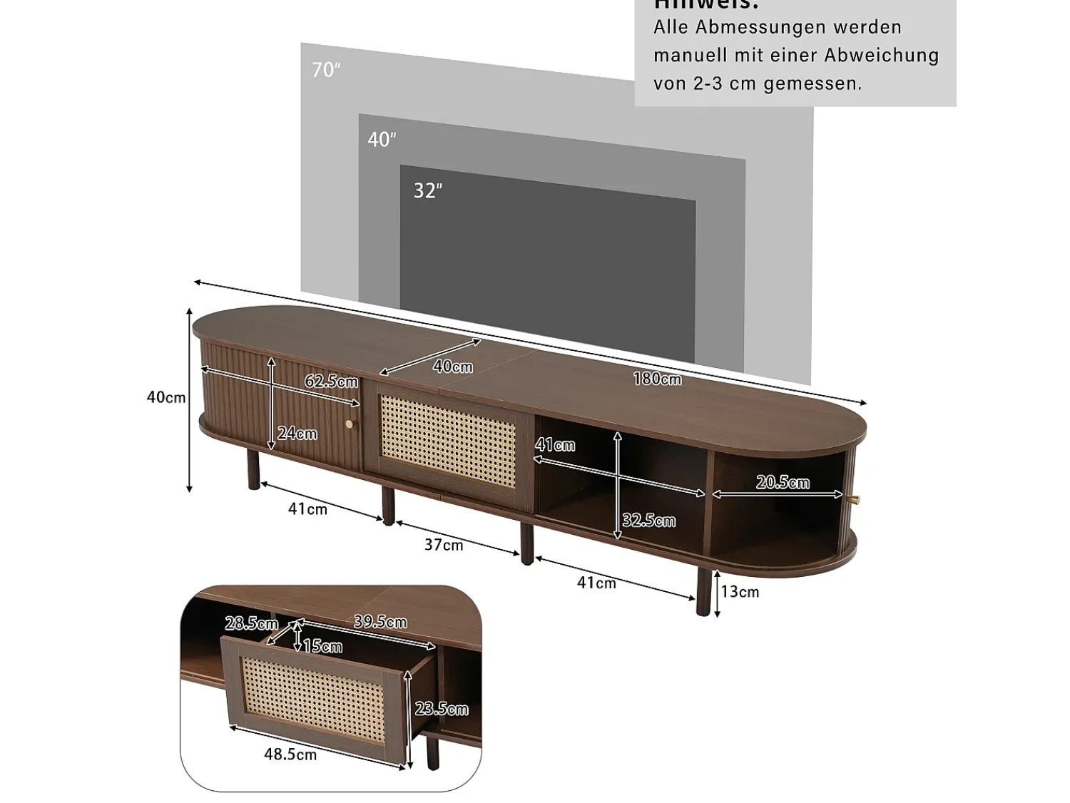 Móvel De Tv|Merax Móvel de TV oval com 2 portas de correr e 1 gaveta de vime - 180 x 40 x 40 cm - Madeira MDF - Nogueira escura Castanho