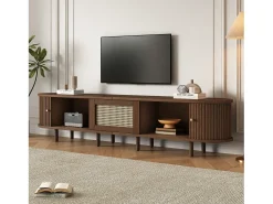 Móvel De Tv|Merax Móvel de TV oval com 2 portas de correr e 1 gaveta de vime - 180 x 40 x 40 cm - Madeira MDF - Nogueira escura Castanho