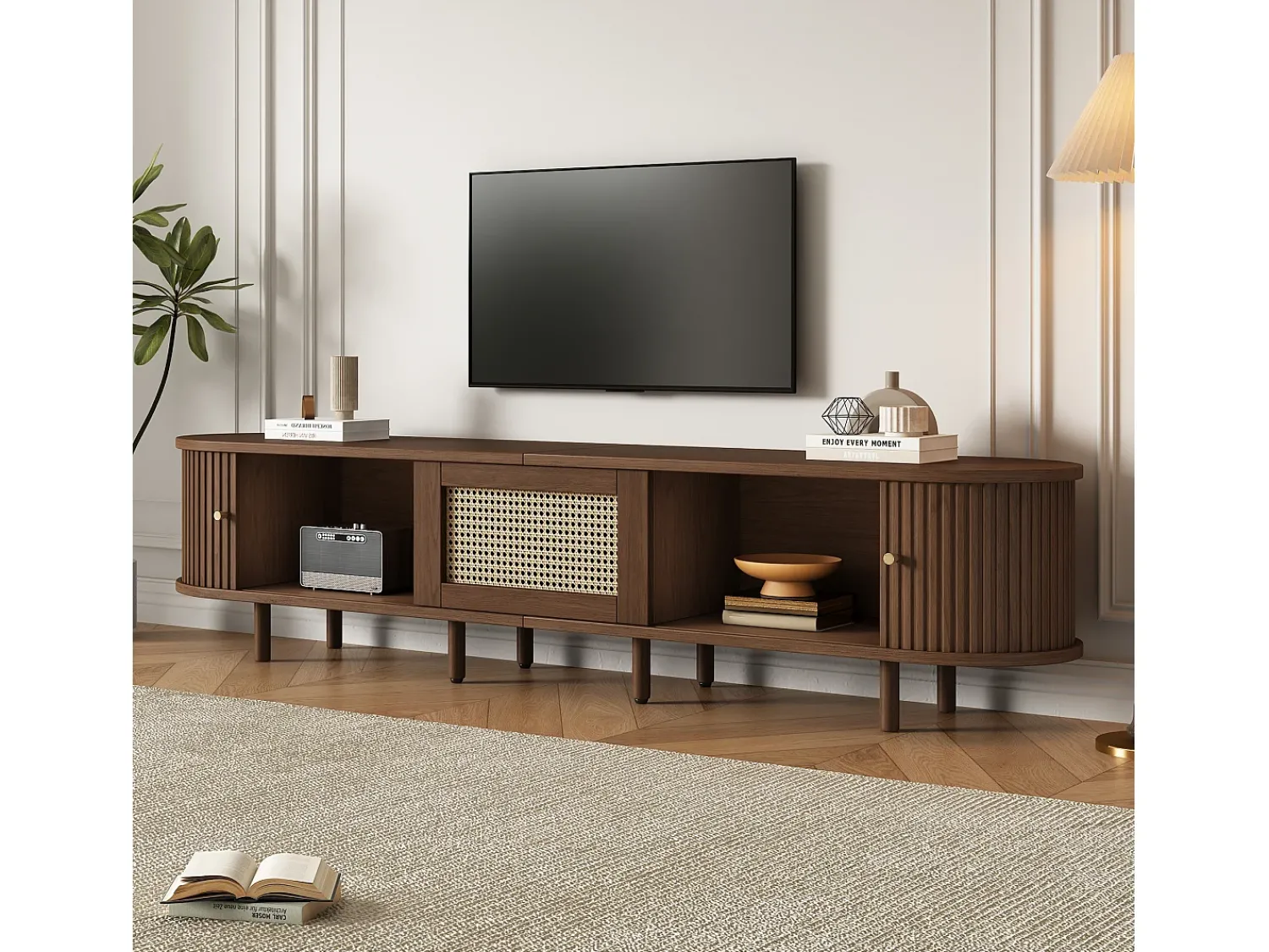 Móvel De Tv|Merax Móvel de TV oval com 2 portas de correr e 1 gaveta de vime - 180 x 40 x 40 cm - Madeira MDF - Nogueira escura Castanho
