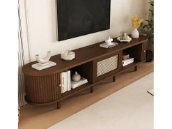Móvel De Tv|Merax Móvel de TV oval com 2 portas de correr e 1 gaveta de vime - 180 x 40 x 40 cm - Madeira MDF - Nogueira escura Castanho