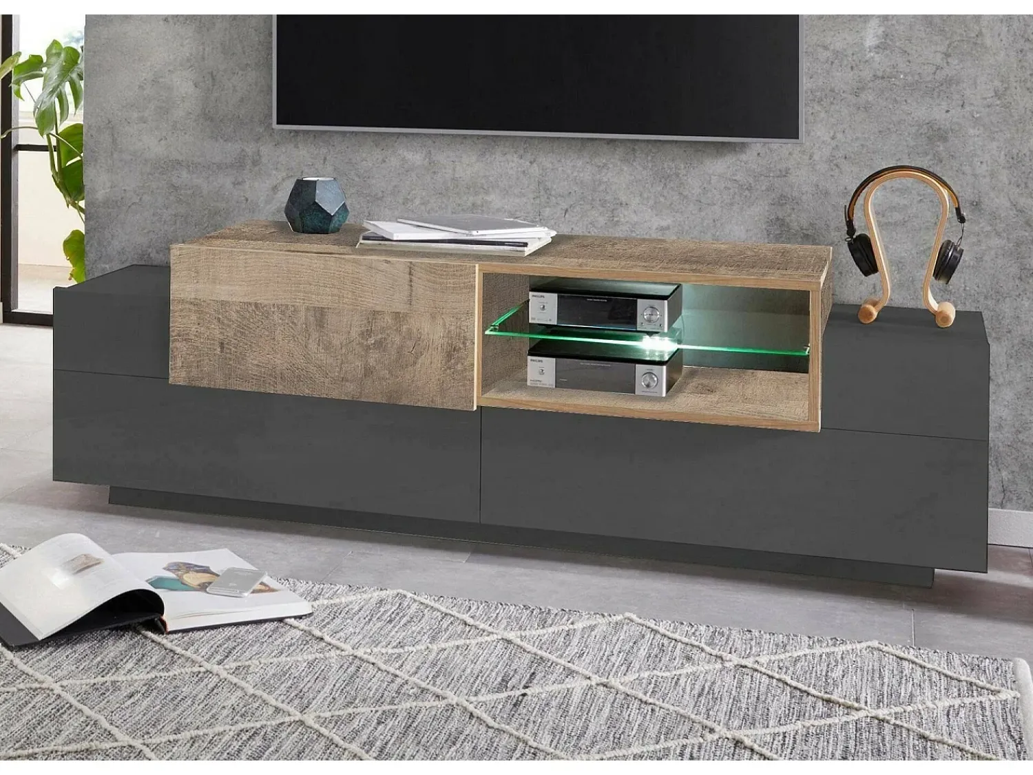 Dmora Móvel de TV Pablo, Aparador baixo da sala, base de móvel de TV, 100% Fabricado na Itália, 160x45h51 cm, Antracite e Bordo^ Móvel De Tv