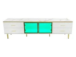 Móvel De Tv*Merax Móvel de TV para sala com 2 portas e 4 gavetas - LEDs - aspecto mármore - vidro marrom e metal dourado - branco Castanho