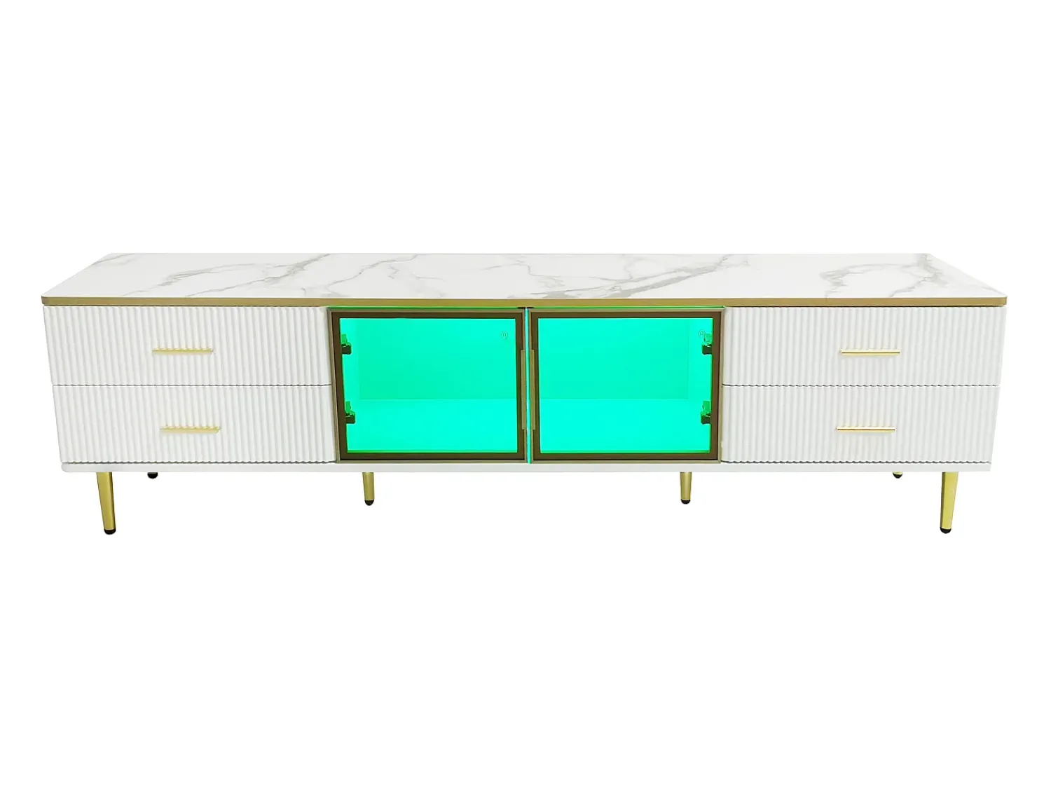 Móvel De Tv*Merax Móvel de TV para sala com 2 portas e 4 gavetas - LEDs - aspecto mármore - vidro marrom e metal dourado - branco Castanho