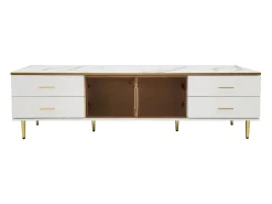 Móvel De Tv*Merax Móvel de TV para sala com 2 portas e 4 gavetas - LEDs - aspecto mármore - vidro marrom e metal dourado - branco Castanho