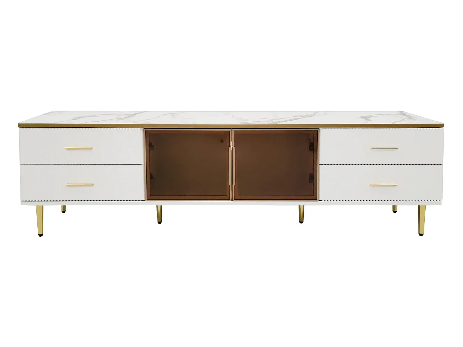 Móvel De Tv*Merax Móvel de TV para sala com 2 portas e 4 gavetas - LEDs - aspecto mármore - vidro marrom e metal dourado - branco Castanho