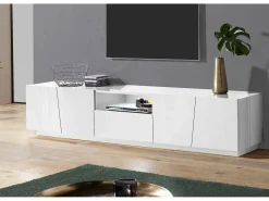 Móvel De Tv*Dmora Móvel de TV Paul, Aparador baixo de sala, Base de móvel de televisão, 100% Fabricado na Itália, 220x43h46 cm, brilhante, com luz LED Branco