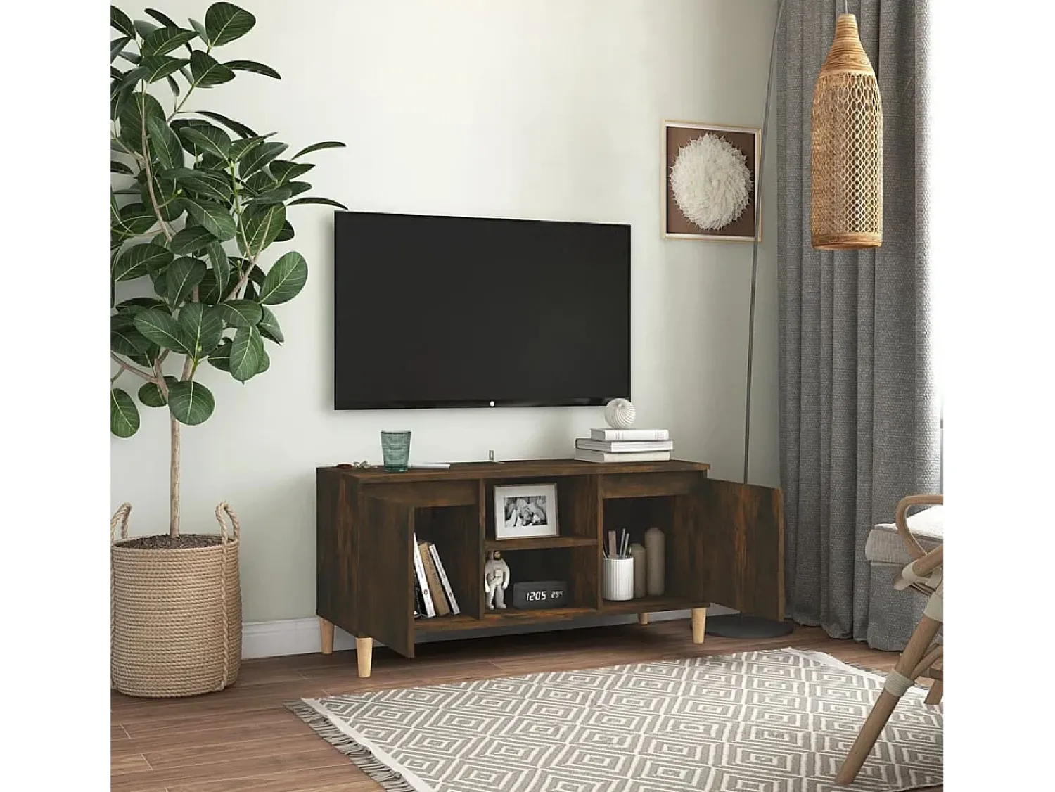 Móvel De Tv*vidaxl Móvel de TV pernas madeira maciça 103,5x35x50cm carvalho fumado Castanho
