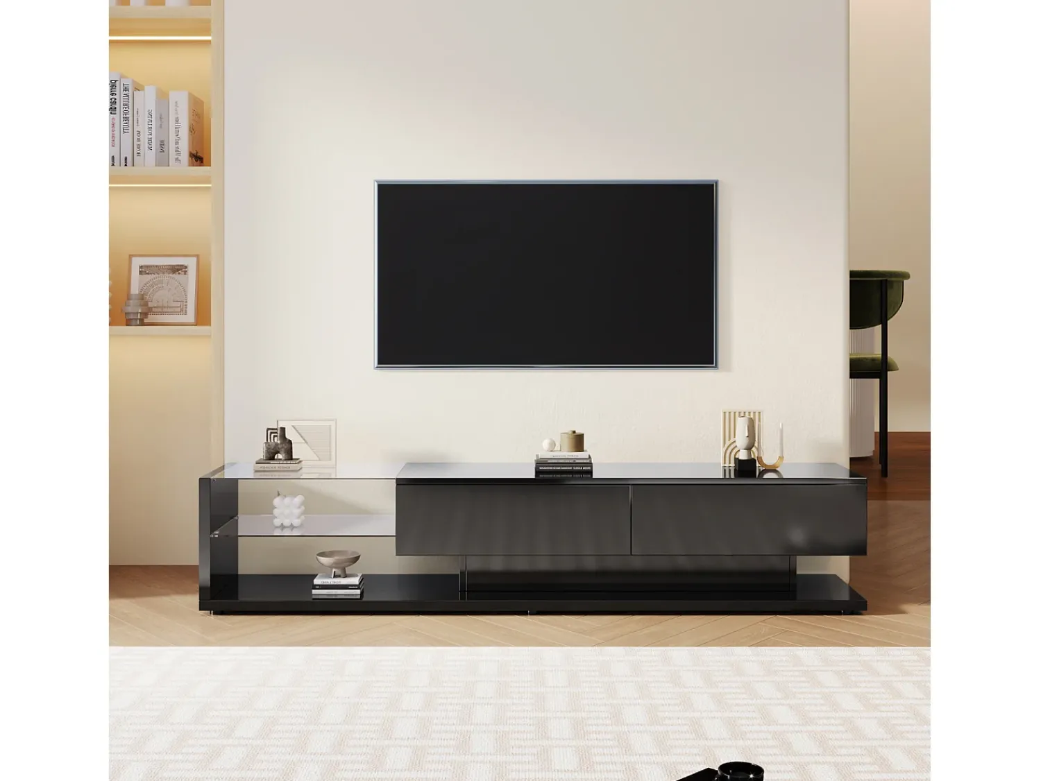 Móvel De Tv* Móvel de TV com gavetas, aparador de TV com iluminação LED e prateleiras de vidro, rack para TV para sala de estar. Preto