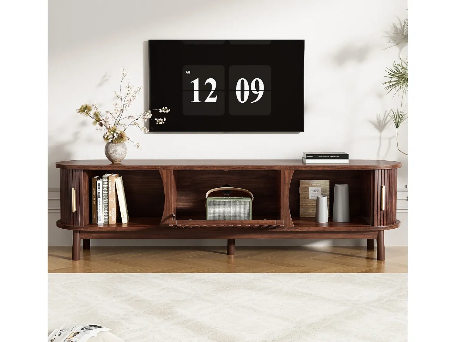 Móvel De Tv* Móvel de TV retrô - Armário baixo com porta de correr e porta de abrir - 3 compartimentos - Marrom Natural escuro