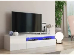 Móvel De Tv*Dmora Móvel de TV Roberto, Aparador baixo de sala com 2 portas, Base de móvel de televisão, 100% Fabricado na Itália, 150x40h37 cm, brilhante, com luz LED Branco