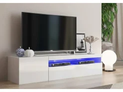 Móvel De Tv*Dmora Móvel de TV Roberto, Aparador baixo de sala com 2 portas, Base de móvel de televisão, 100% Fabricado na Itália, 150x40h37 cm, brilhante, com luz LED Branco