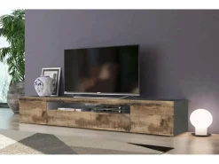 Dmora Móvel de TV Salvatore, Aparador baixo de sala com 3 portas, Base de móvel de televisão, 100% Fabricado na Itália, 200x40h37 cm, Ardósia e Bordo, com luz LED^ Móvel De Tv