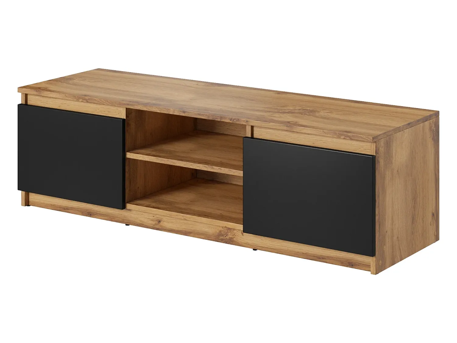 New Móvel de TV simples 120 cm com LED, para televisor, 2 armários e prateleiras, corpo carvalho wotan, frentes preto fosco Natural escuro